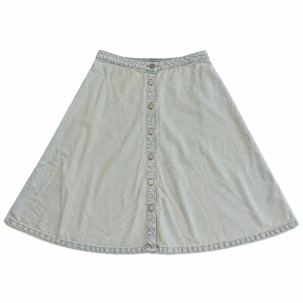 BLANKNYC Skirt Womens 29 Light Blue Flare Denim Linen Blend Button Front Midi - Picture 2 of 8